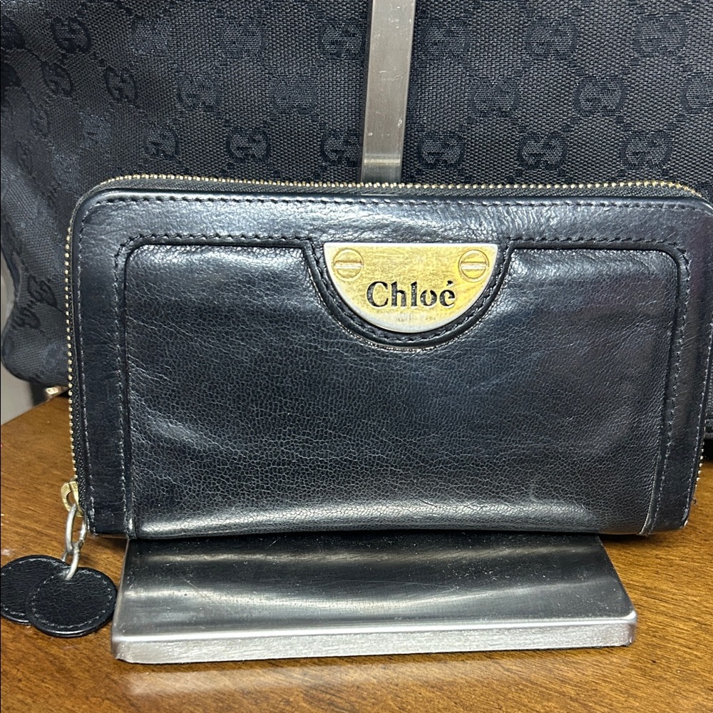 Chloe Black and Gold Leather Wallet